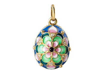 Faberge Pendant Pink & Green Flower on Blue Field .75