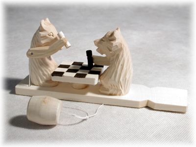 Chess Playing Bear Carved Toy