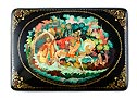 Ruslan leaving Ratmir Lacquer Box (Kholui) by Malyshev - Russian Tales
