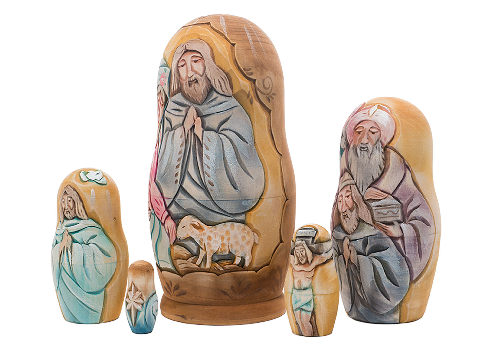 Buy Carved Life of Christ Nesting Doll by Koblov 5pc./7" at GoldenCockerel.com
