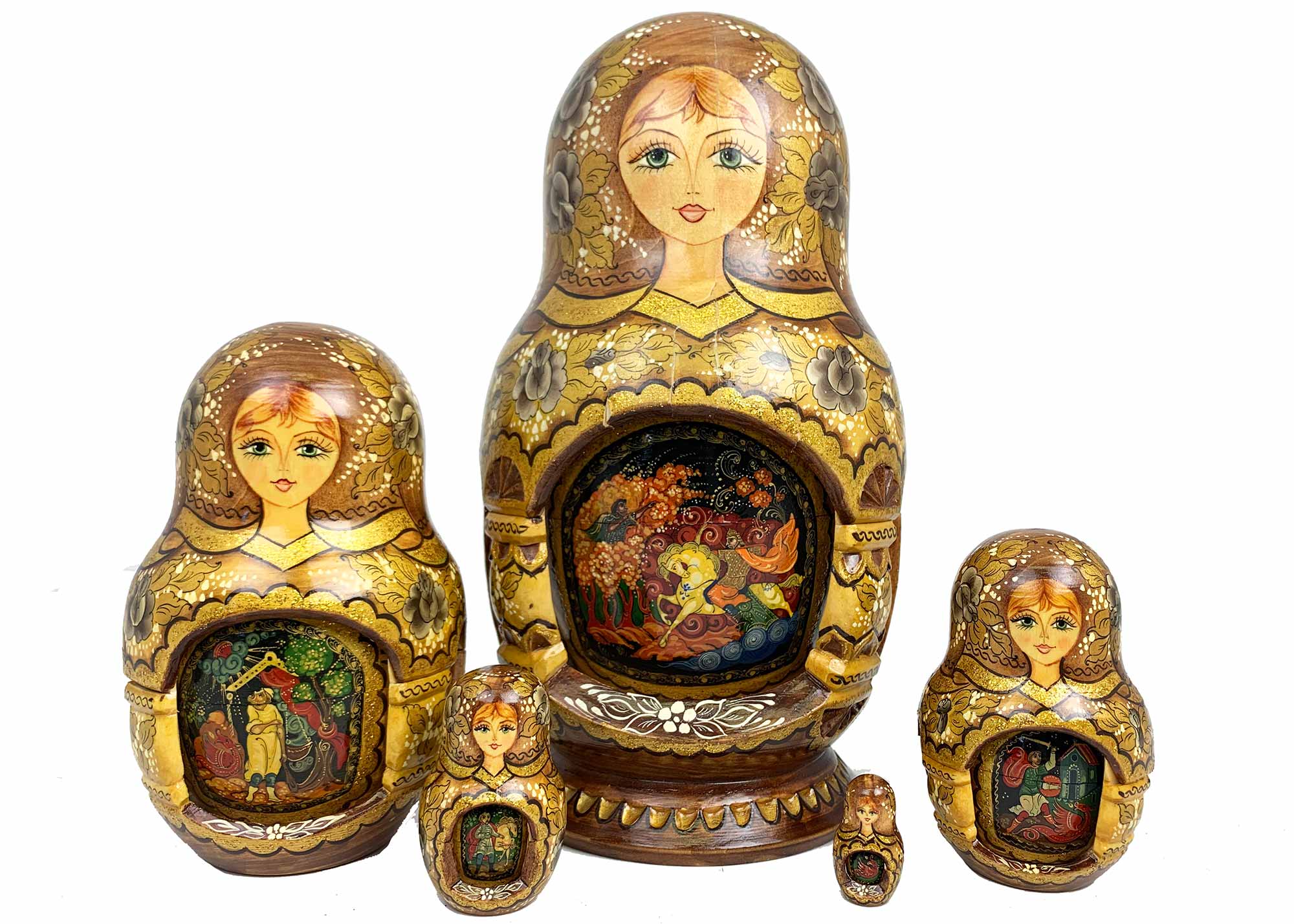 Buy Brown/Gold Deluxe Nesting Dolls w/ Palekh Scenes in multiple windows 10pc./9" at GoldenCockerel.com
