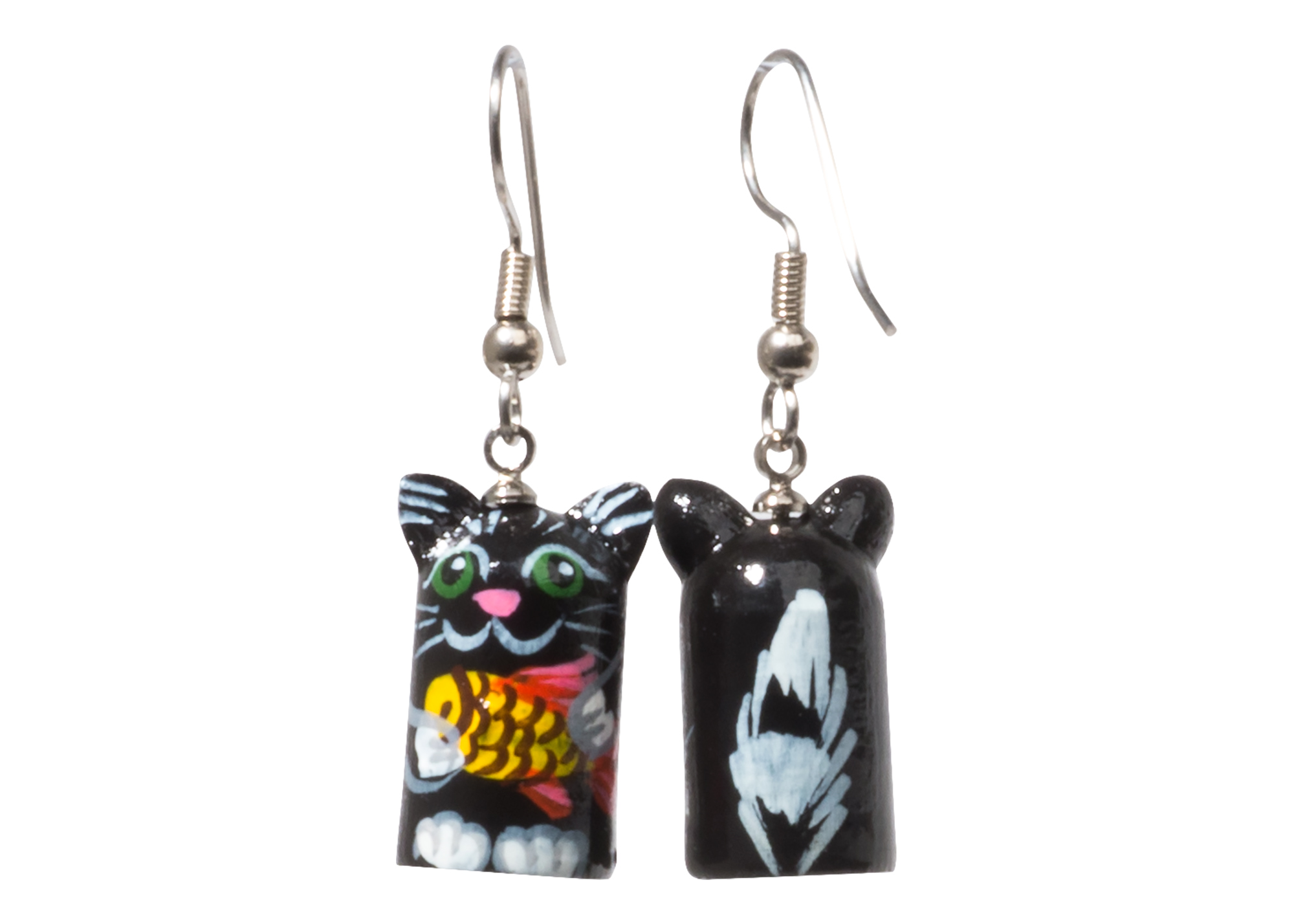 Buy Black Alley Cat w/ Fish Earrings  .5"x.8" at GoldenCockerel.com