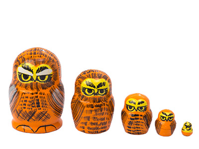 Russe minuscule matriochka orange Hibou Birds nesting dolls 5 Miniature Babushka 