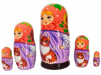 Buy Maiden w/ Orange Tabby Cat Nesting Doll 5pc./5" at GoldenCockerel.com