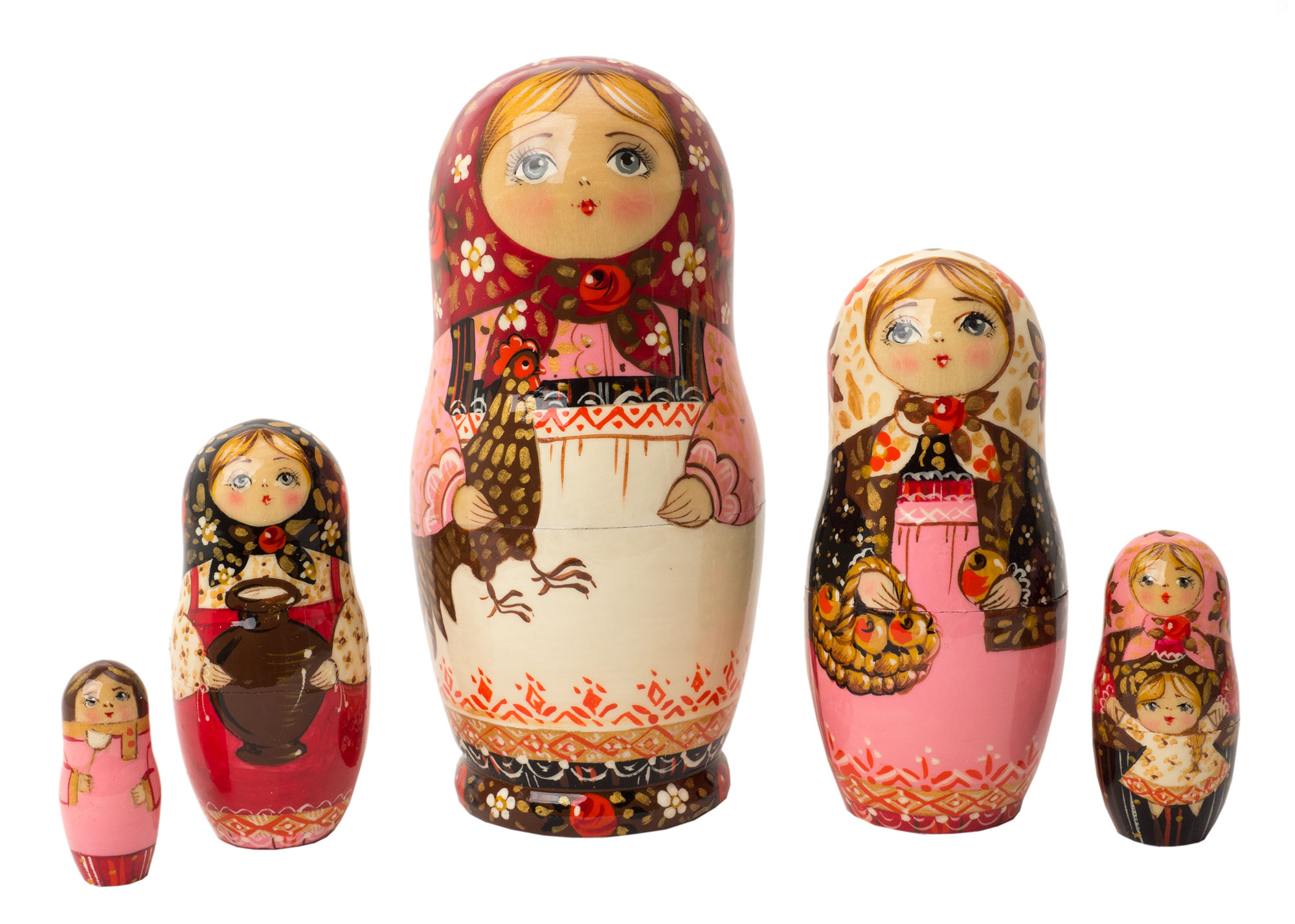 Buy Rooster Girl in Pink Nesting Doll 5pc./7" at GoldenCockerel.com