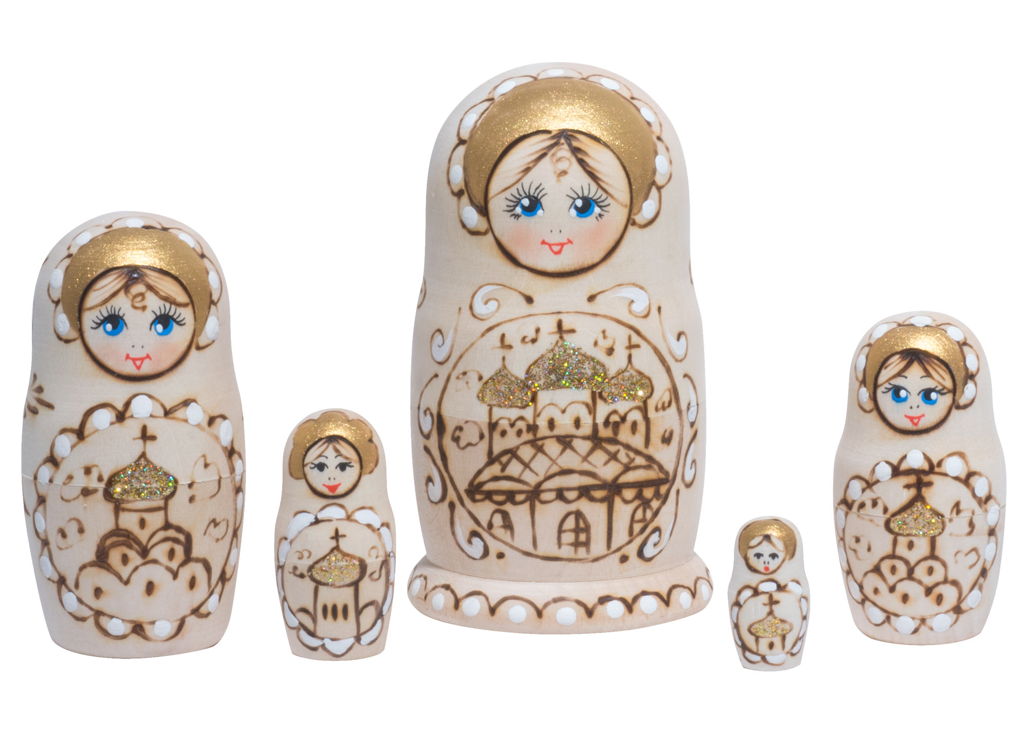 Buy Woodburned Church Babushka Doll 5pc./4" at GoldenCockerel.com