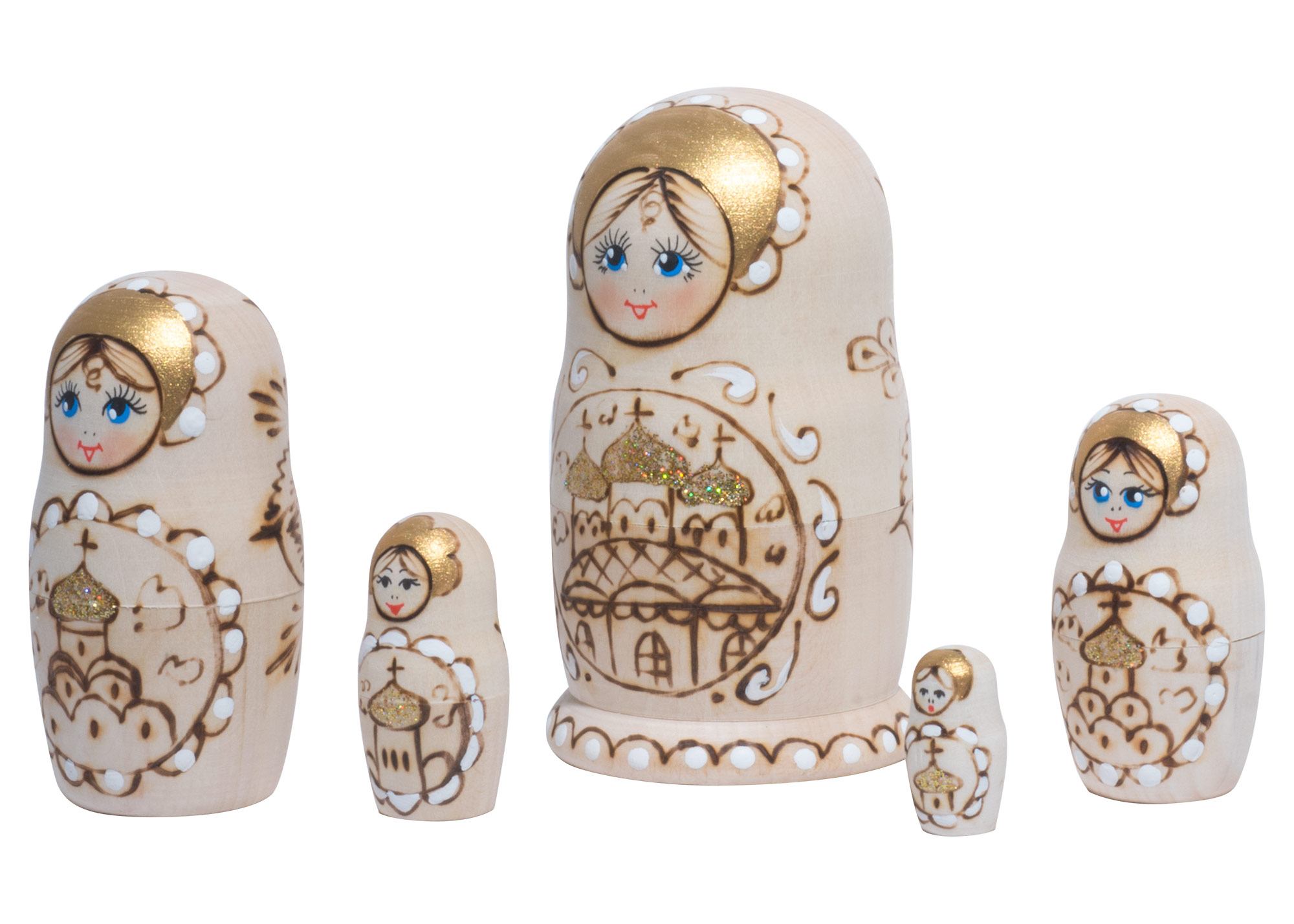 Buy Woodburned Church Babushka Doll 5pc./4" at GoldenCockerel.com