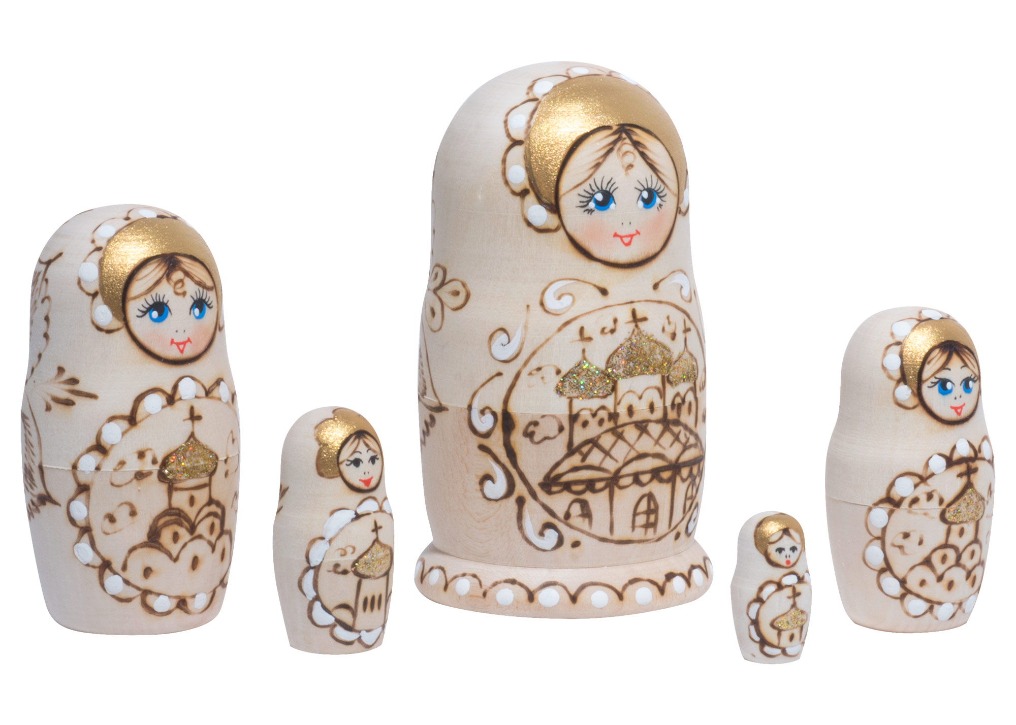 Buy Woodburned Church Babushka Doll 5pc./4" at GoldenCockerel.com