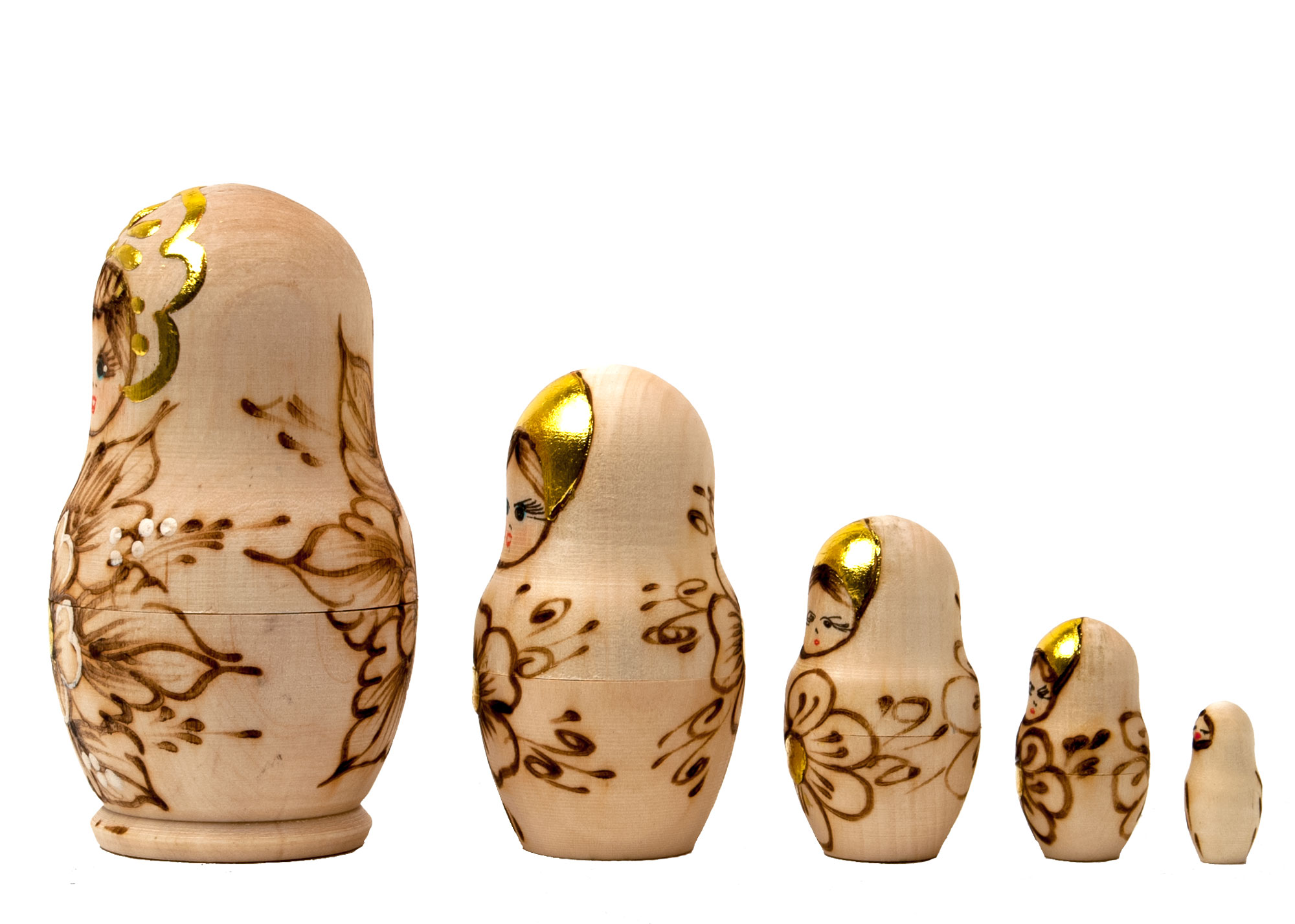 Buy Woodburned Floral Matryoshka Doll 5pc./4" at GoldenCockerel.com