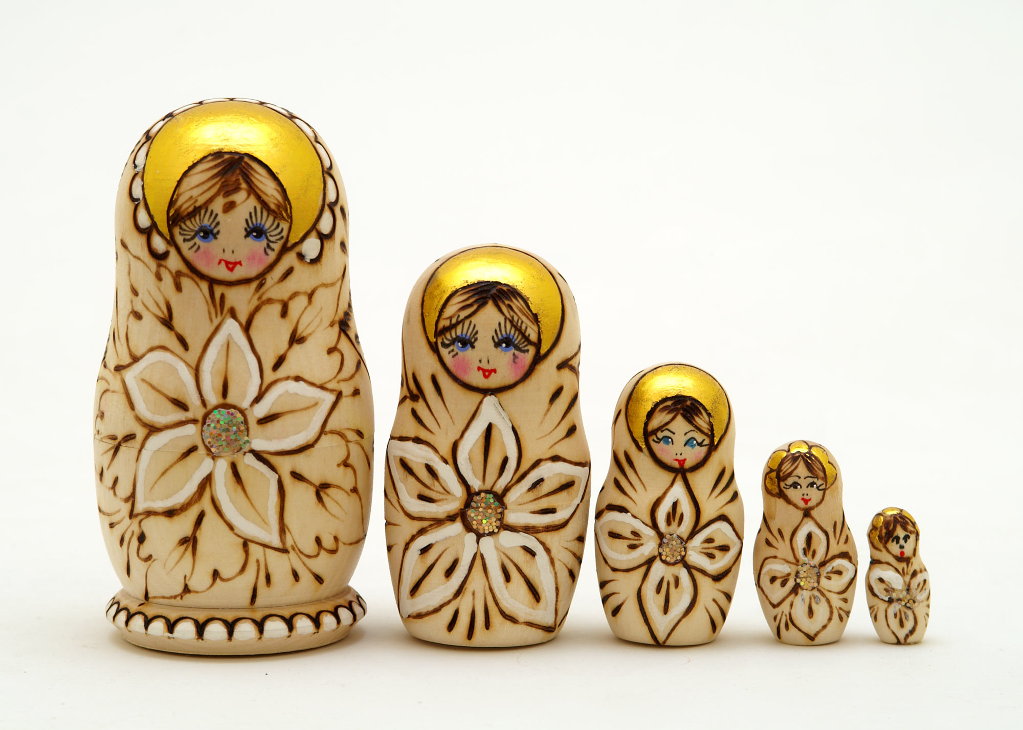 Buy Woodburned Floral Matryoshka Doll 5pc./4" at GoldenCockerel.com