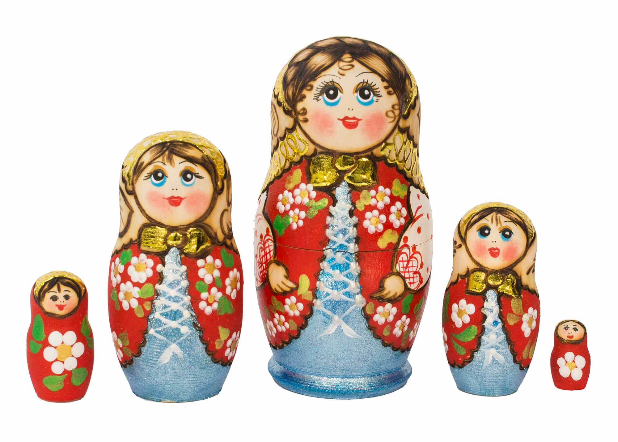 Buy Woodburned Floral Matryoshka in Red Vest 5pc./4.5" at GoldenCockerel.com