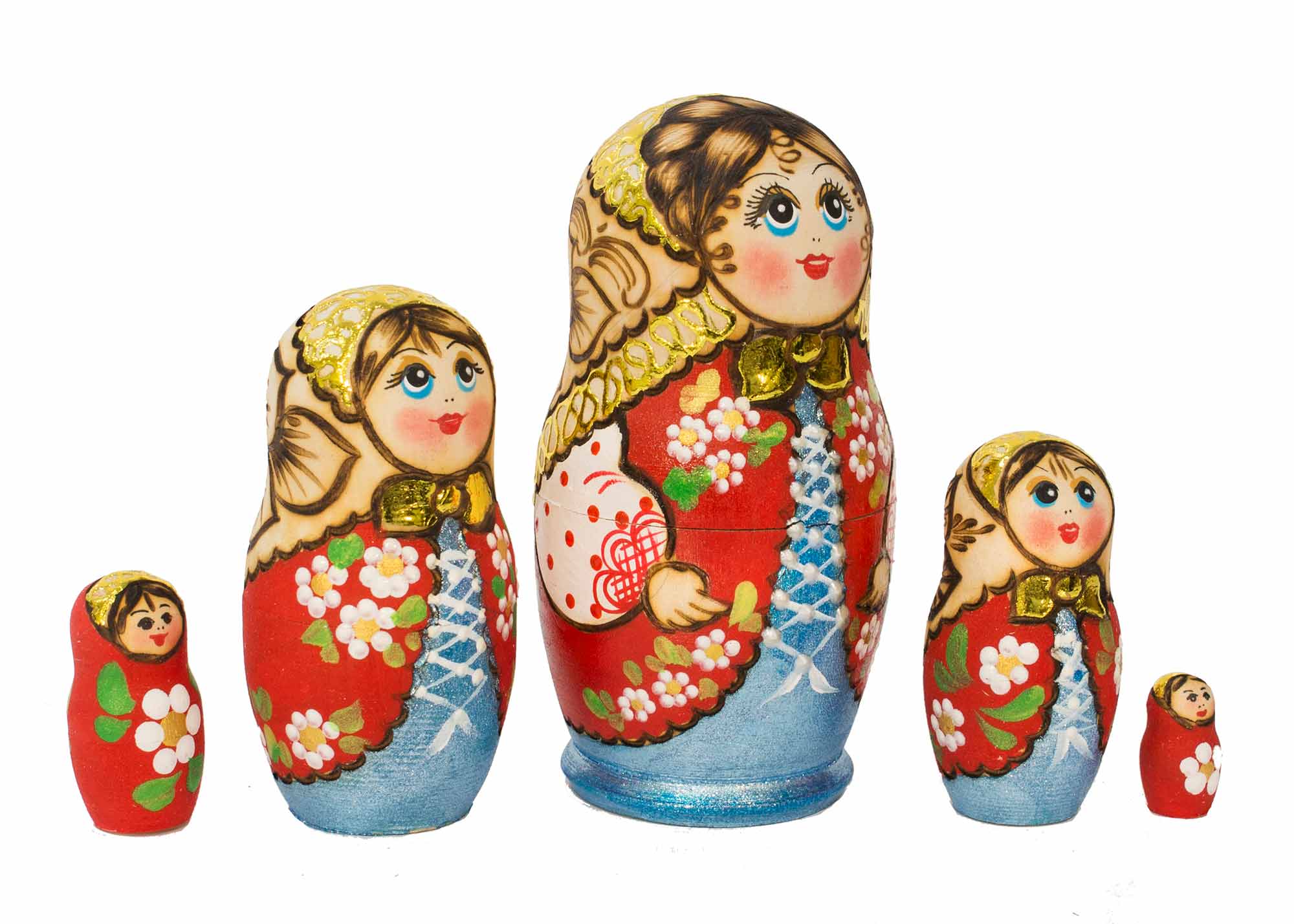 Buy Woodburned Floral Matryoshka in Red Vest 5pc./4.5" at GoldenCockerel.com