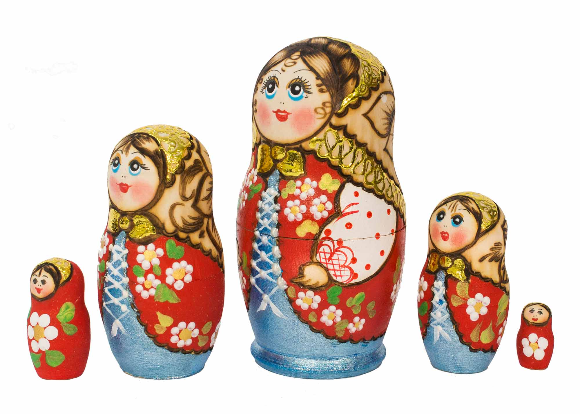 Buy Woodburned Floral Matryoshka in Red Vest 5pc./4.5" at GoldenCockerel.com