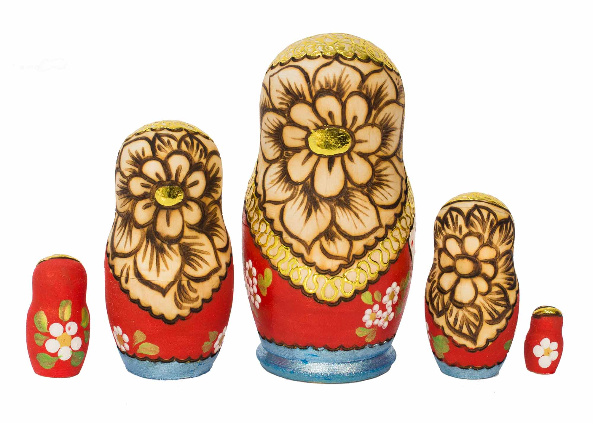 Buy Woodburned Floral Matryoshka in Red Vest 5pc./4.5" at GoldenCockerel.com