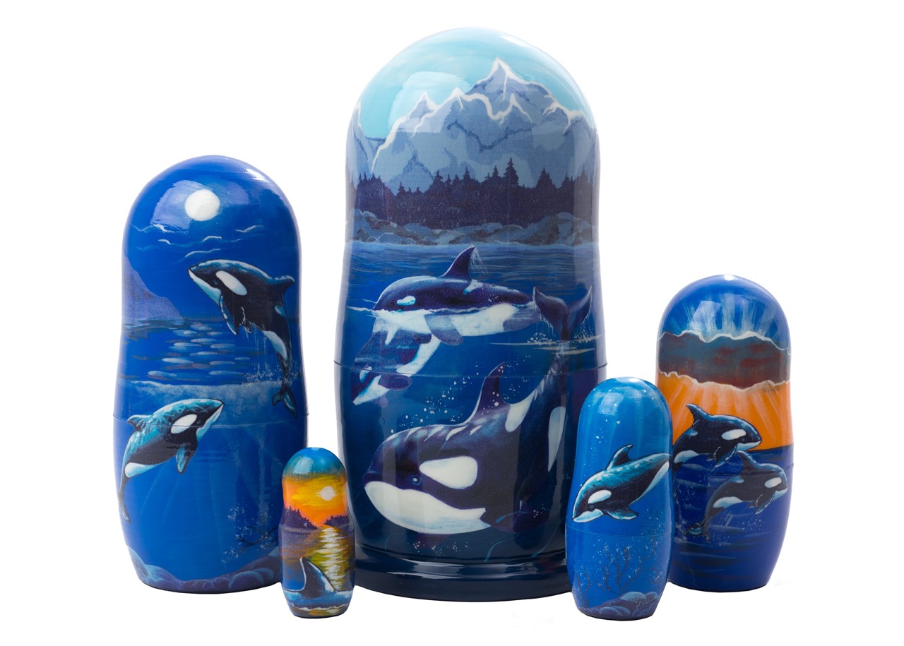 Buy Scenic Orca Pod Russian Nesting Doll 5pc./6" at GoldenCockerel.com