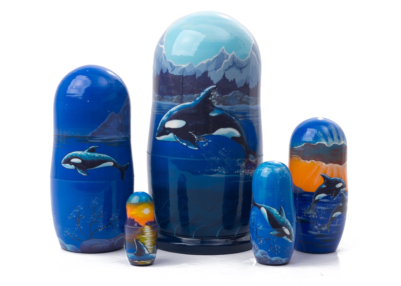 Buy Scenic Orca Pod Russian Nesting Doll 5pc./6" at GoldenCockerel.com