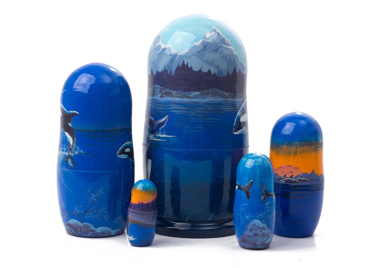 Buy Scenic Orca Pod Russian Nesting Doll 5pc./6" at GoldenCockerel.com