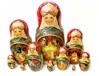 Buy "Pushkin's Ruslan & Lyudmila" Nesting Doll 10pc./11" -- One-of-a-kind at GoldenCockerel.com