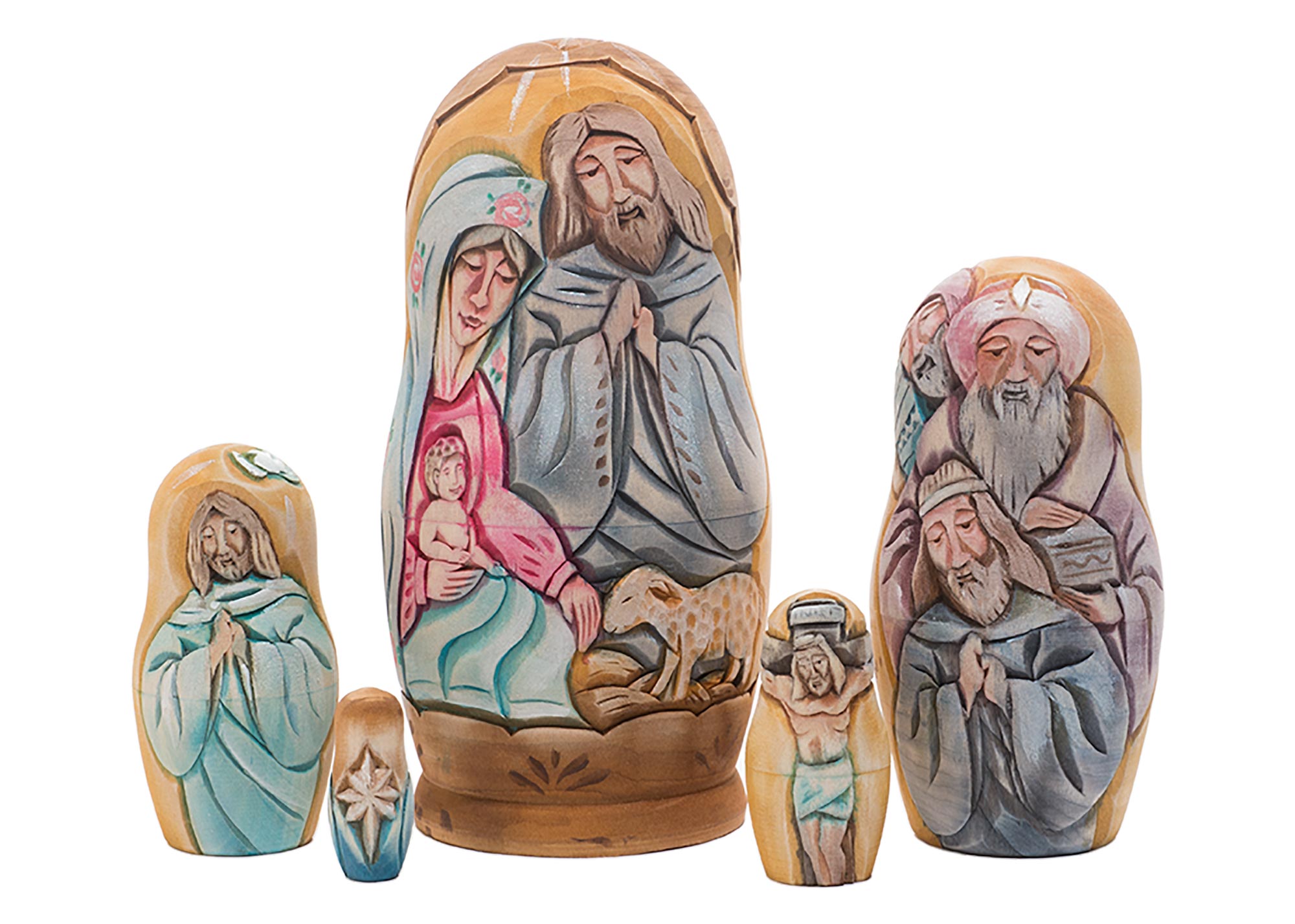 Buy Carved Life of Christ Nesting Doll by Koblov 5pc./7" at GoldenCockerel.com