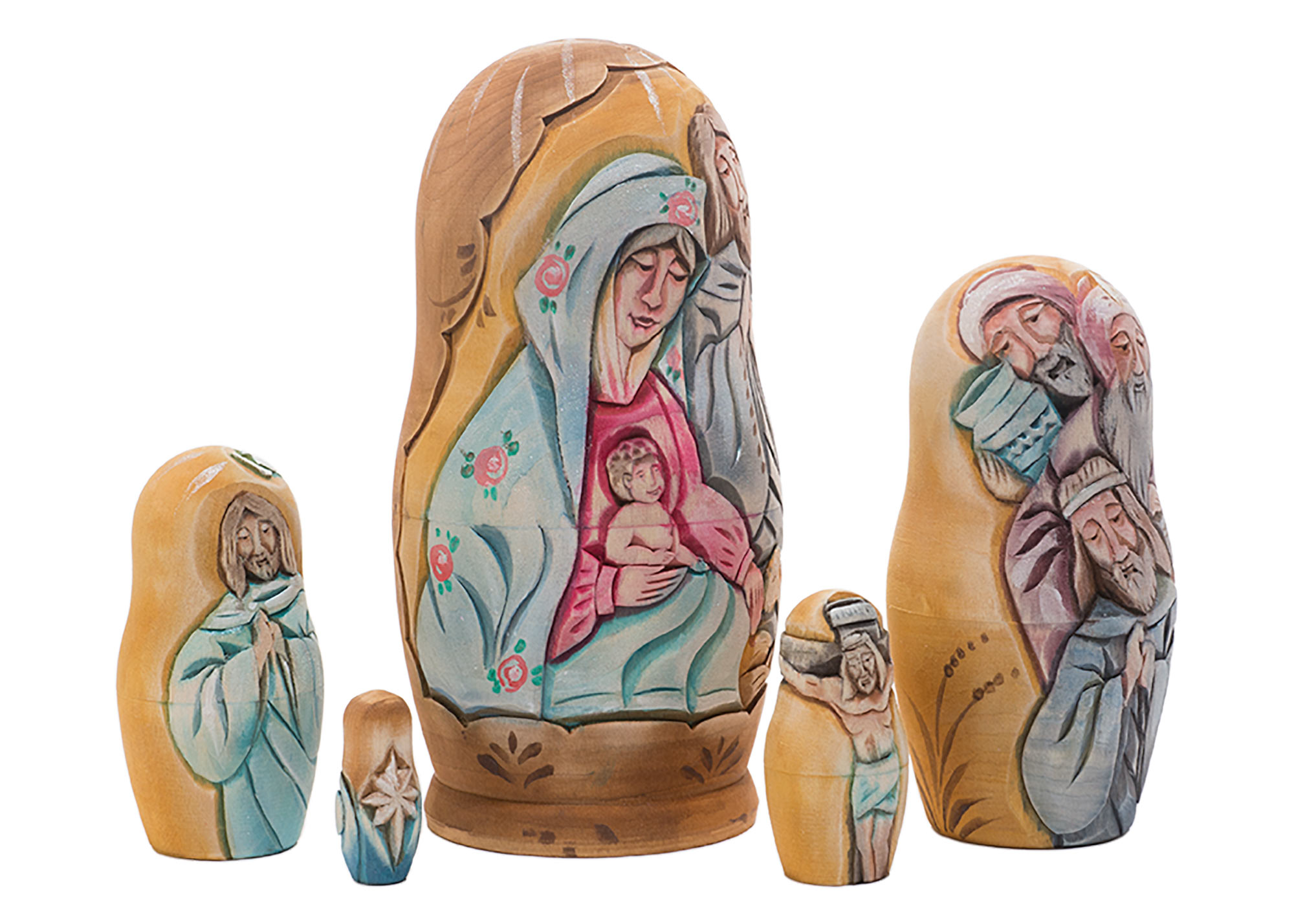 Buy Carved Life of Christ Nesting Doll by Koblov 5pc./7" at GoldenCockerel.com