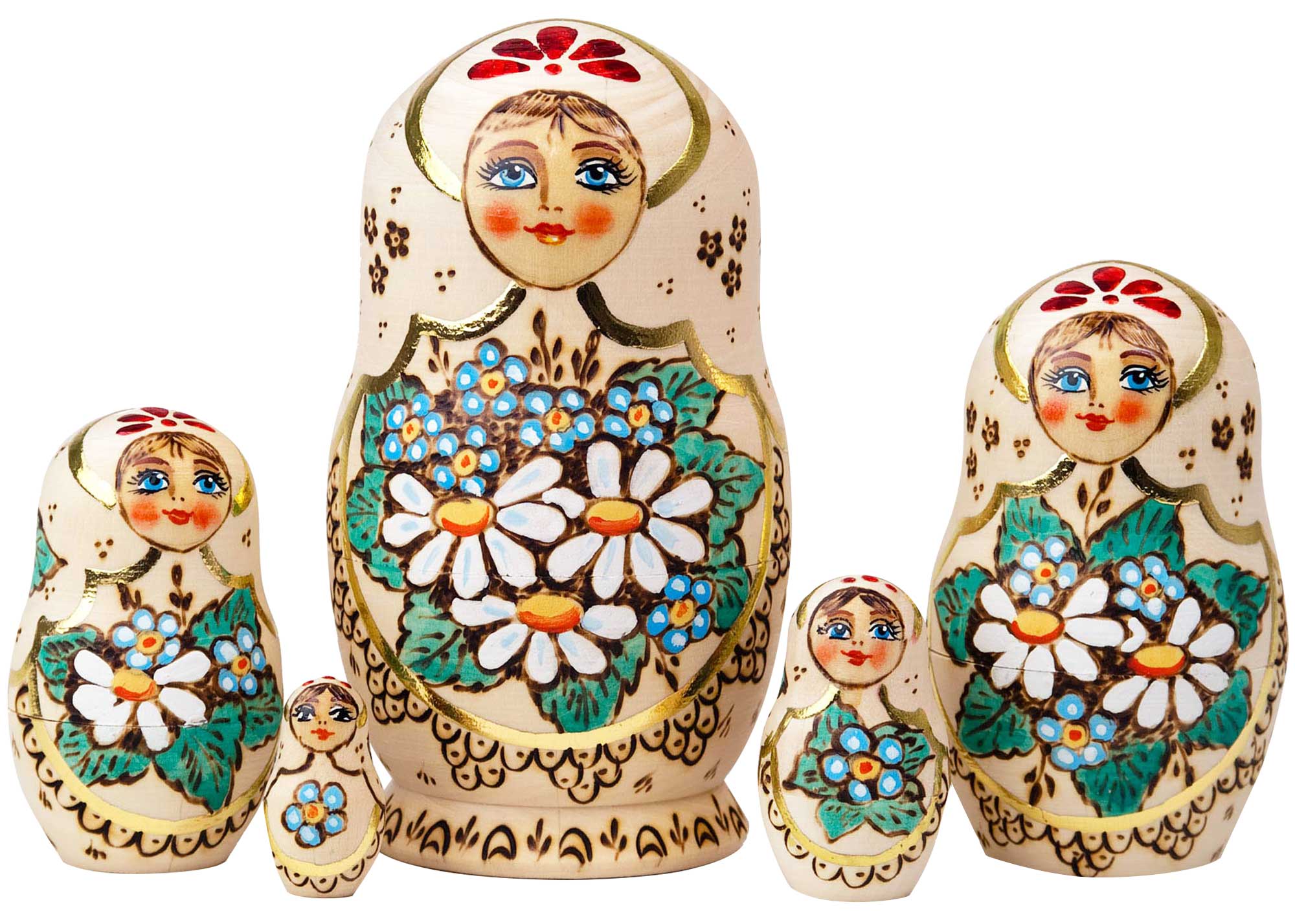 Buy Woodburned Nesting Doll Daisies 5pc./7" at GoldenCockerel.com