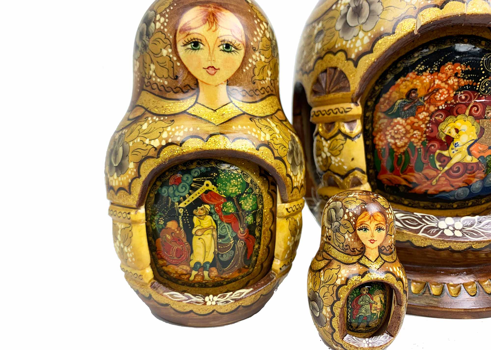 Buy Brown/Gold Deluxe Nesting Dolls w/ Palekh Scenes in multiple windows 10pc./9" at GoldenCockerel.com