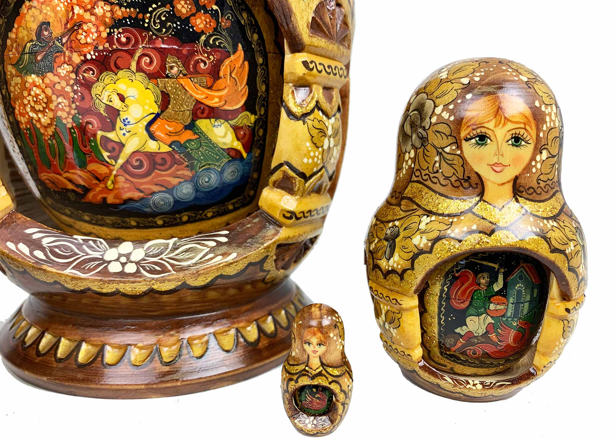 Buy Brown/Gold Deluxe Nesting Dolls w/ Palekh Scenes in multiple windows 10pc./9" at GoldenCockerel.com