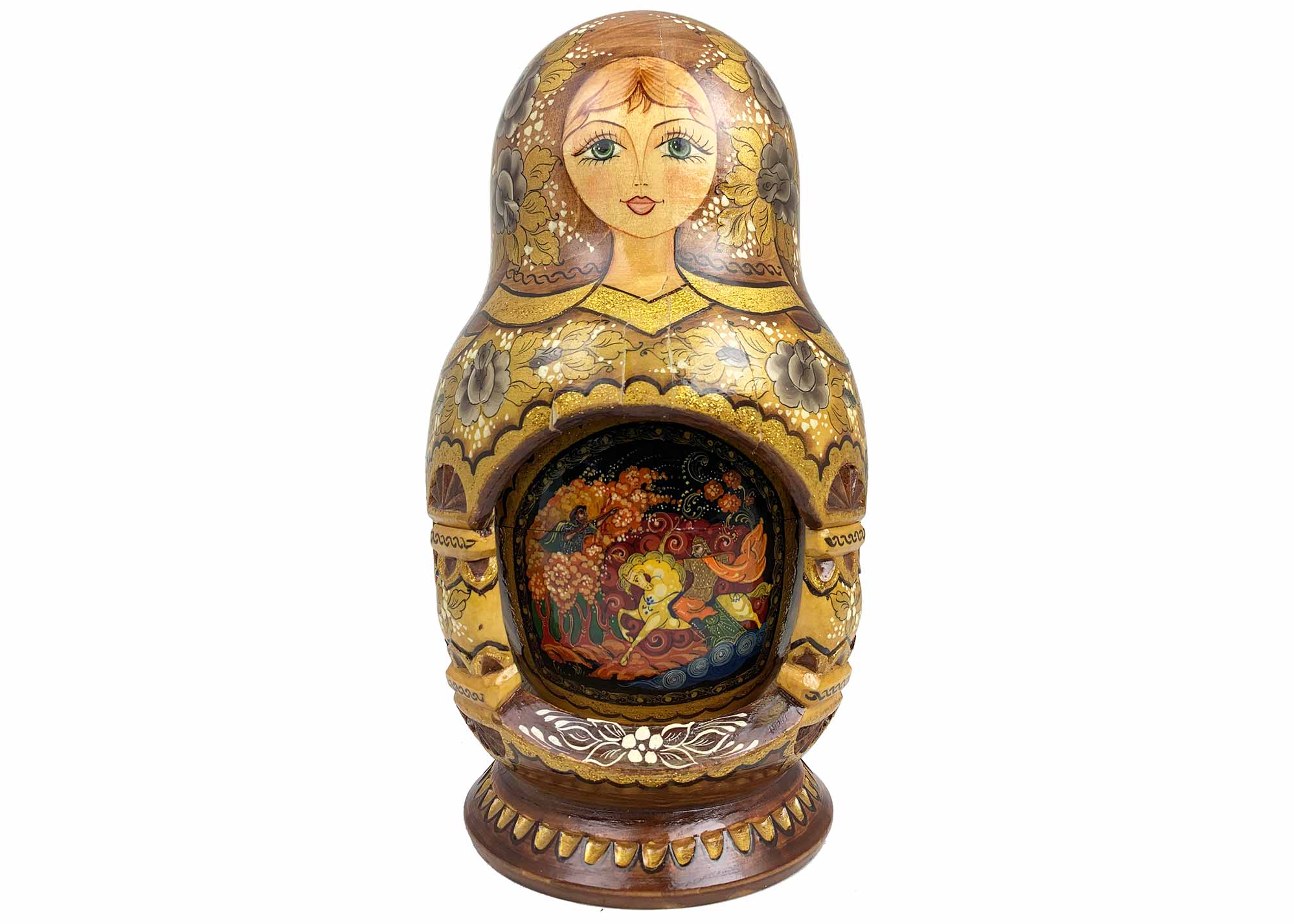 Buy Brown/Gold Deluxe Nesting Dolls w/ Palekh Scenes in multiple windows 10pc./9" at GoldenCockerel.com