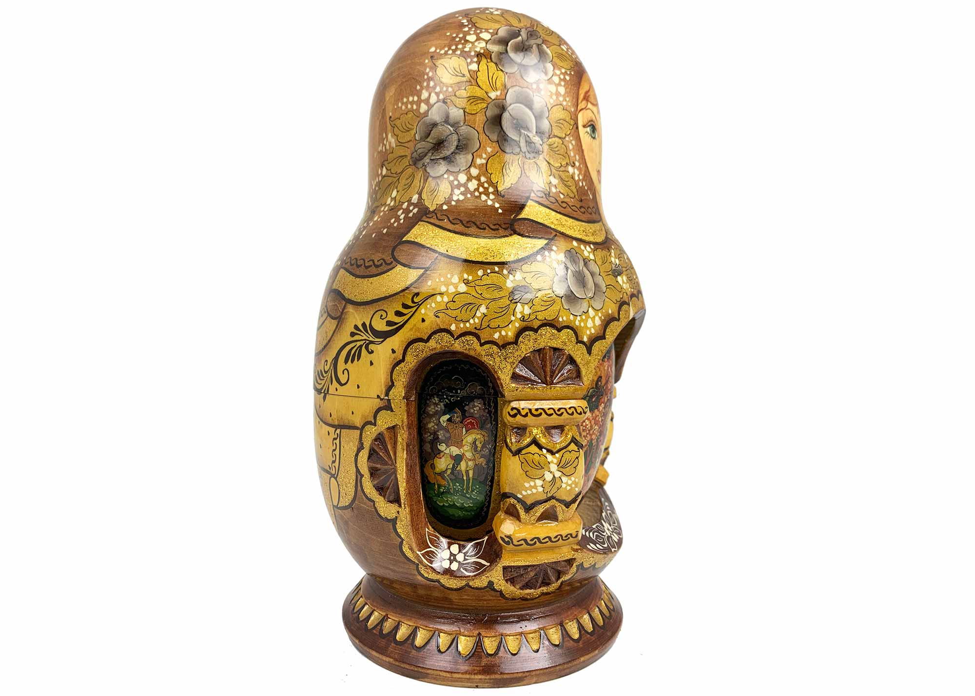 Buy Brown/Gold Deluxe Nesting Dolls w/ Palekh Scenes in multiple windows 10pc./9" at GoldenCockerel.com