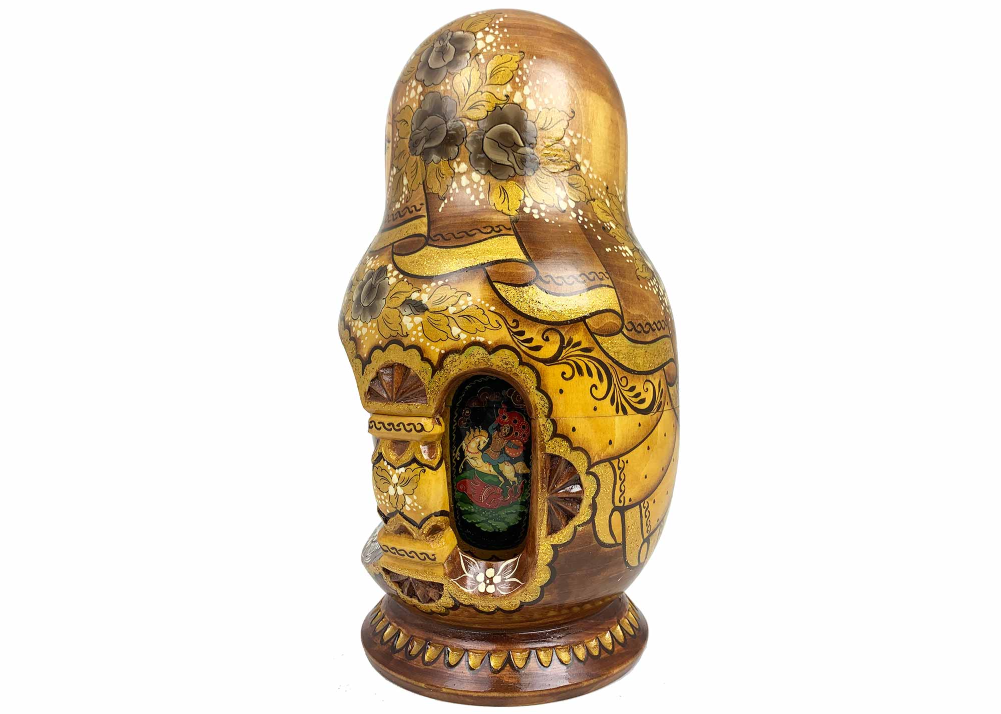 Buy Brown/Gold Deluxe Nesting Dolls w/ Palekh Scenes in multiple windows 10pc./9" at GoldenCockerel.com