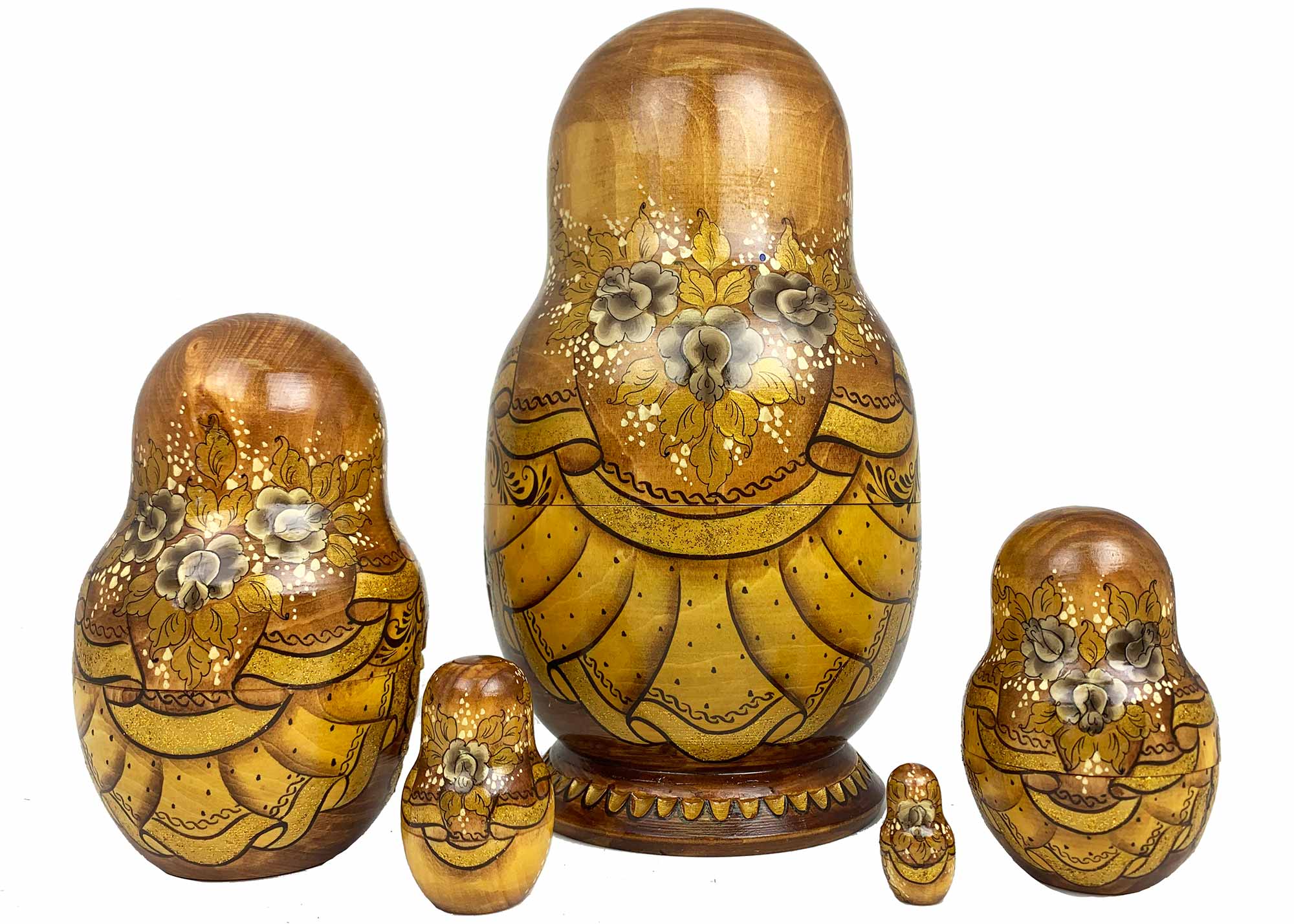 Buy Brown/Gold Deluxe Nesting Dolls w/ Palekh Scenes in multiple windows 10pc./9" at GoldenCockerel.com