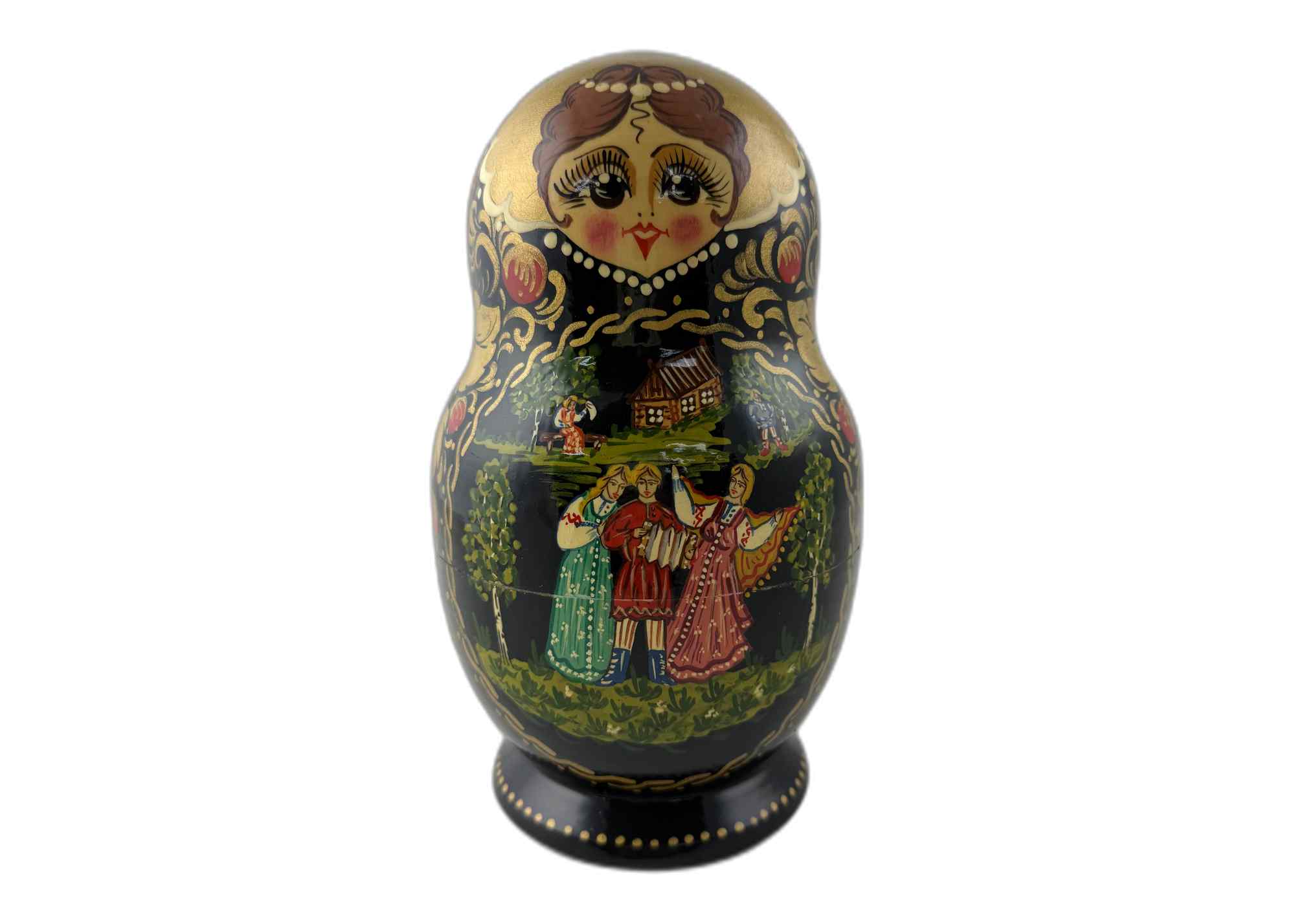 Buy Vintage Black and Gold Folk Scene Nesting Doll 10pc/9" at GoldenCockerel.com