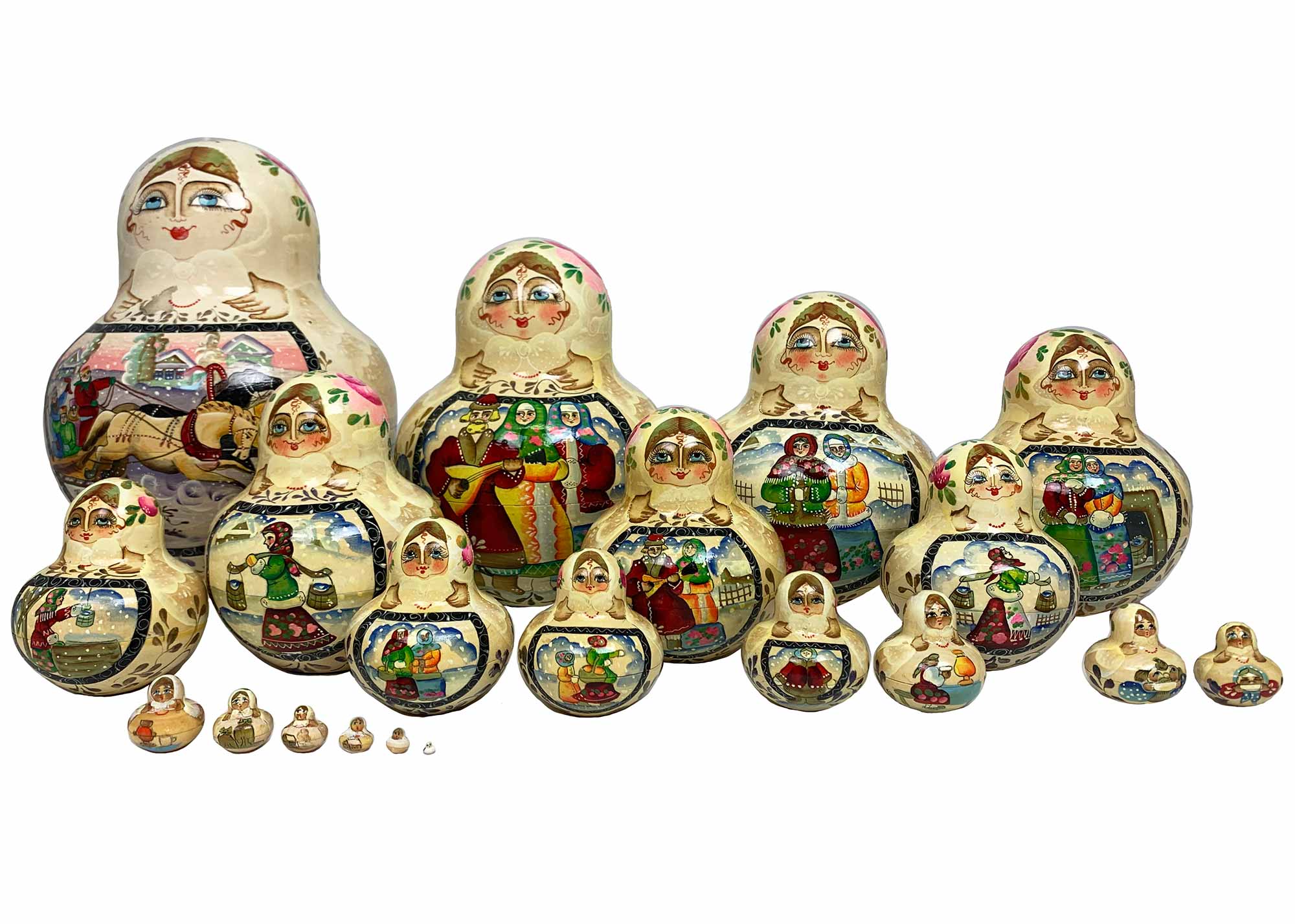 Buy Imperfect "Country Holiday" Folk Scene Nesting Doll 20pc./9" at GoldenCockerel.com