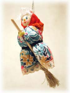 Buy Baba Yaga on Broom Ornament, Cloth/Wood, 4" at GoldenCockerel.com