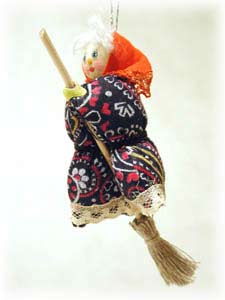 Buy Baba Yaga on Broom Ornament, Cloth/Wood, 4" at GoldenCockerel.com