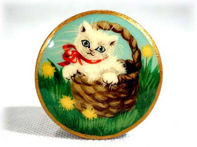 Buy White Cat in Basket Brooch 2" at GoldenCockerel.com