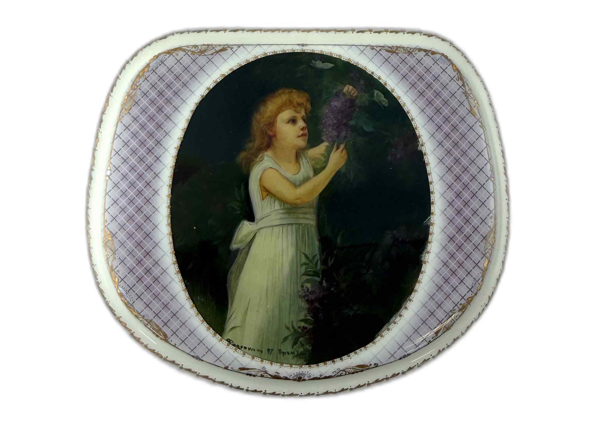 Buy Vintage "Girl Smelling Lilacs" Lacquer Box at GoldenCockerel.com