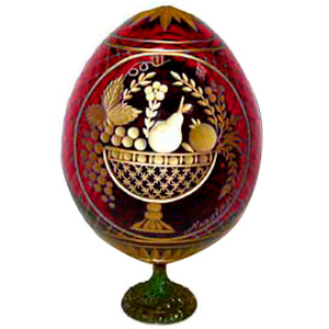 Buy FRUIT BASKET w/ Stand RED Russian Glass Egg at GoldenCockerel.com