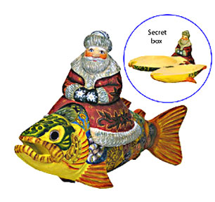 Buy Santa w/ Fish "Secret Box" Wood Carving 8" at GoldenCockerel.com