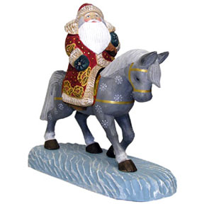 Buy REPAIRED Santa Riding Horse Wood Carving 9.5" at GoldenCockerel.com