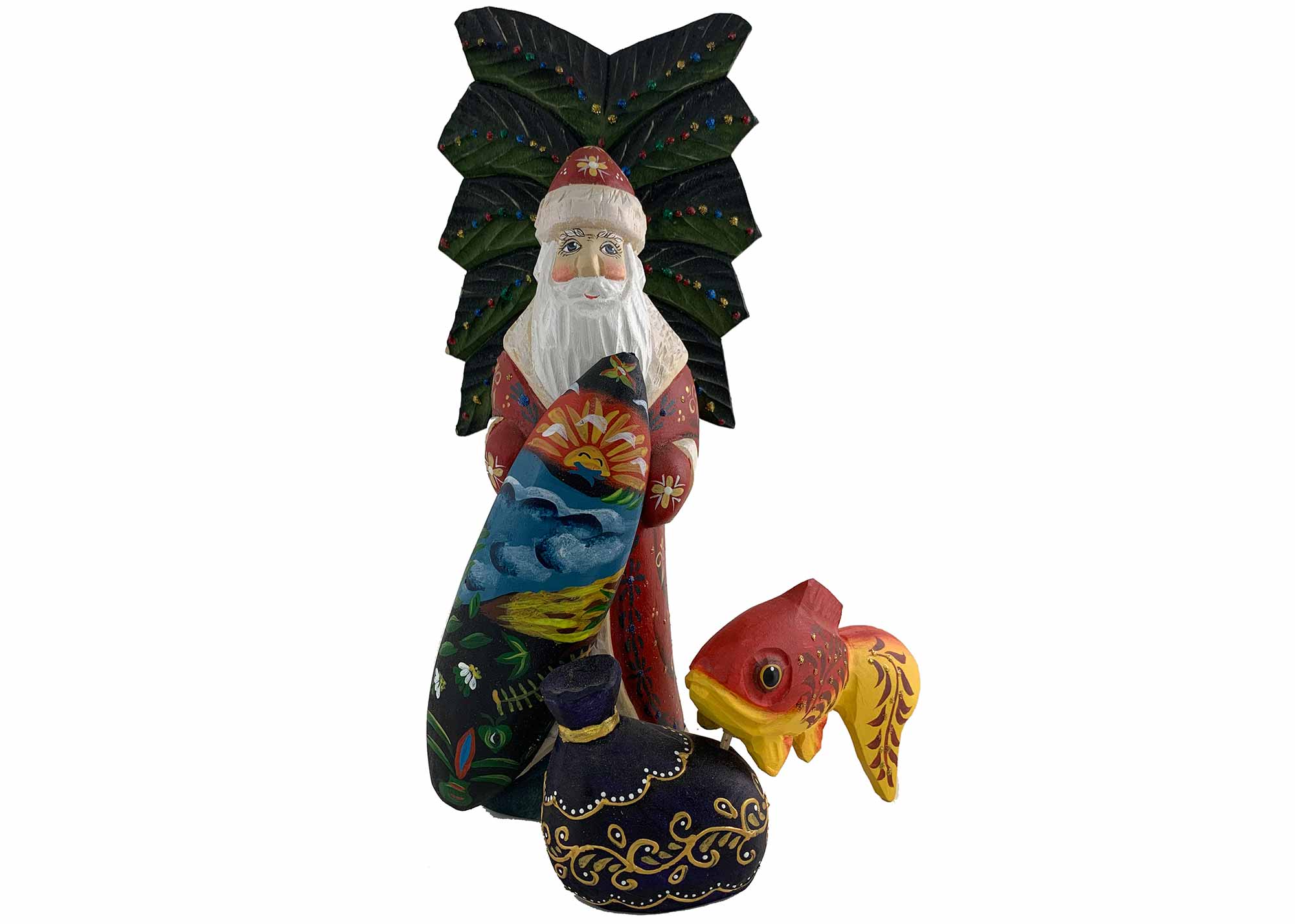Buy Surf Santa with Gold Fish Hand-Carved Figurine at GoldenCockerel.com