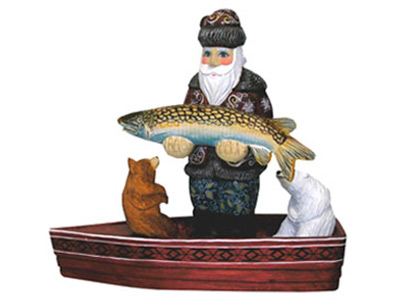 Buy "Santa Fishing w/ Friends" Wood Carving 8" at GoldenCockerel.com