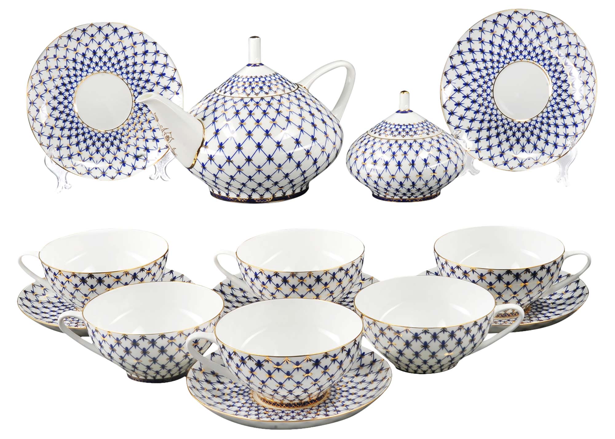 Buy Cupola Cobalt Net 14pc. Bone China Tea Set for 6 at GoldenCockerel.com