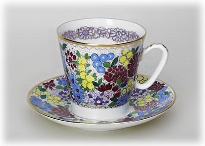 Buy Spring Flowers Cup and Saucer, Bone, Black Coffee Shape at GoldenCockerel.com