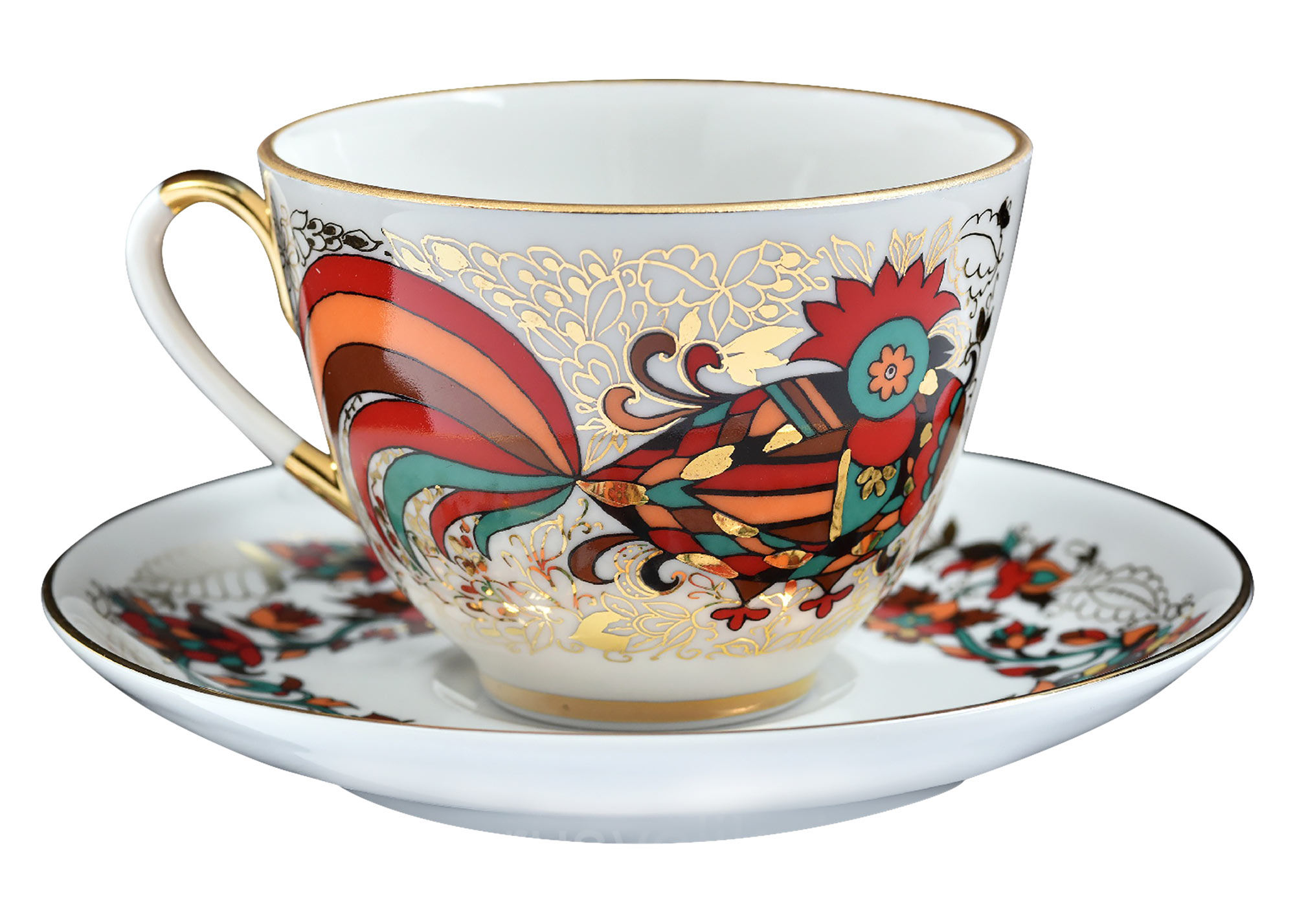 Buy Red and Gold Rooster Cup and Saucer at GoldenCockerel.com