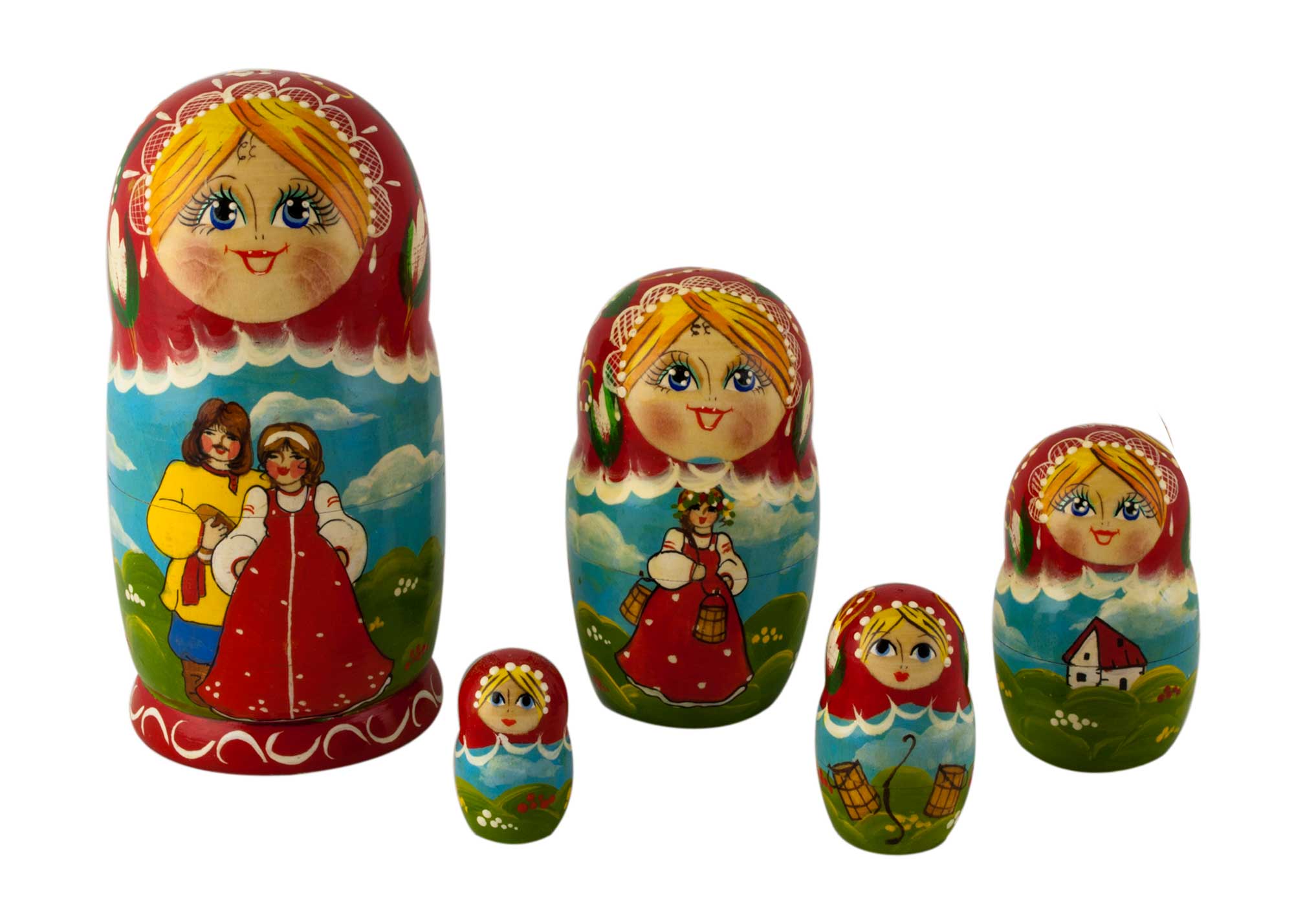 Buy Panoramic Folk Scene Doll 5pc./6.5" RED at GoldenCockerel.com